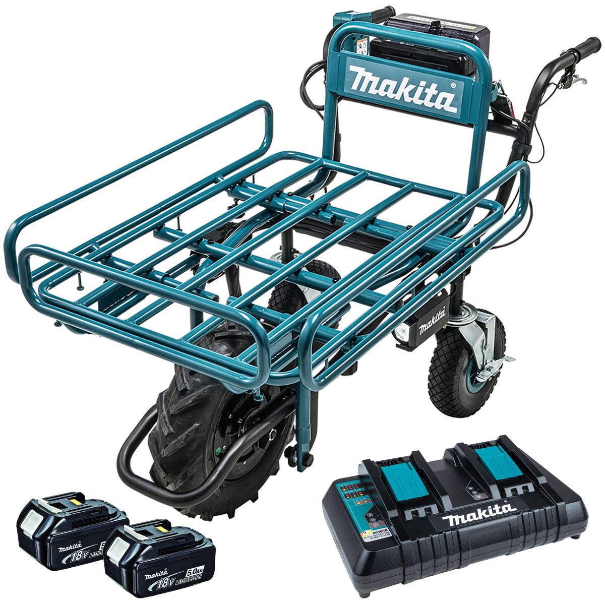 Makita DCU180PTX3 18V LXT Brushless Wheelbarrow Pipe Frame With 2 x 5.0Ah Batteries & Charger Item Condition Damaged Box