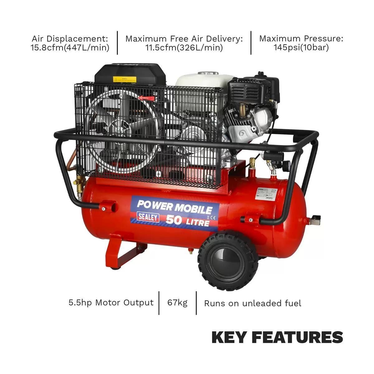 Sealey SA5055 50L Belt Drive Air Compressor with Petrol Engine 5.5hp
