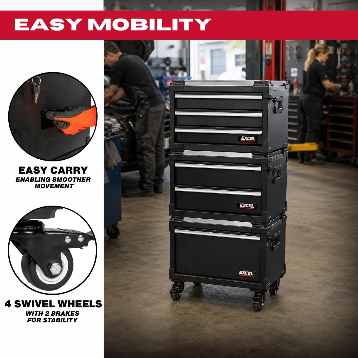 Excel 6 Drawer Modular Rolling Tool Box Stackable with Stainless Steel Worktop