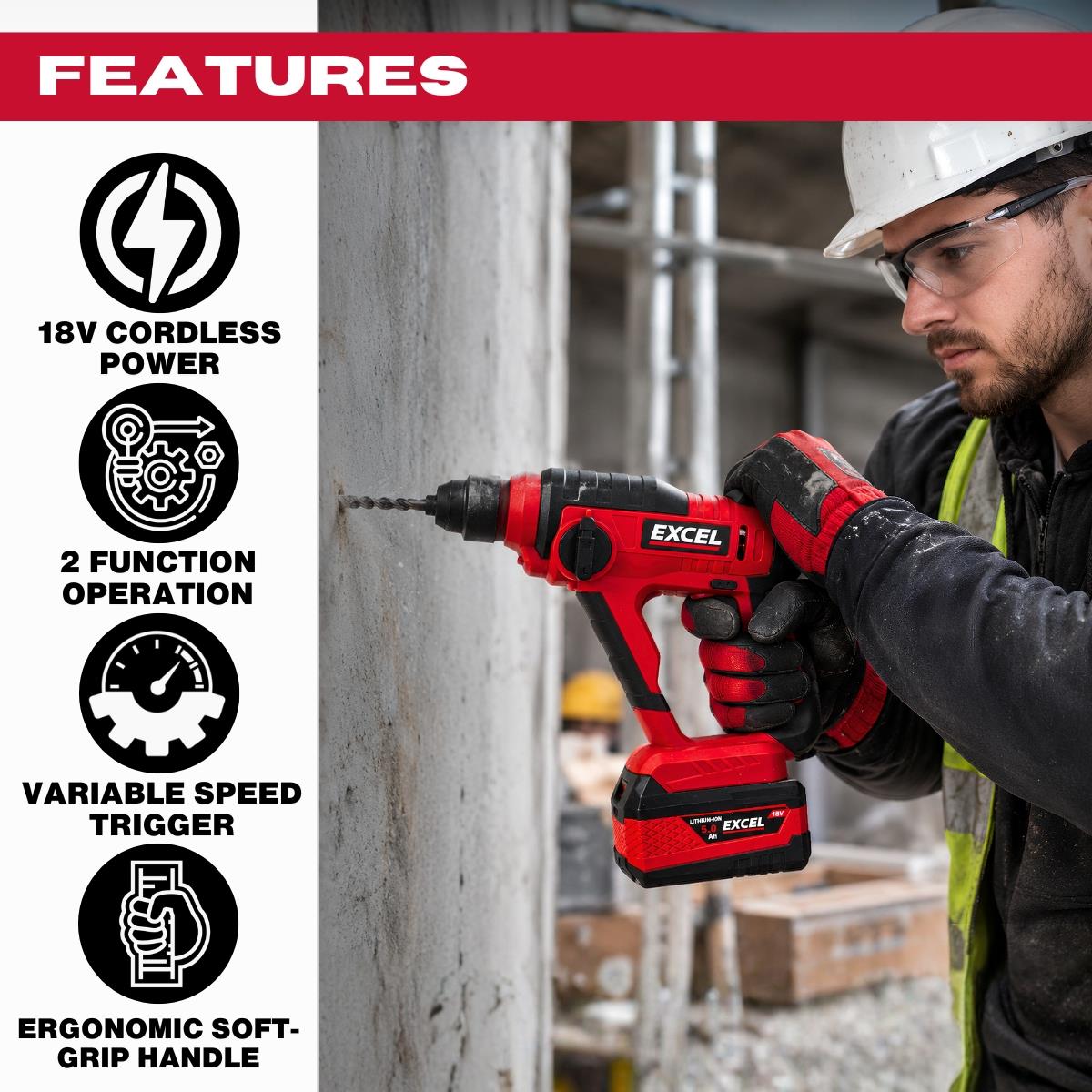 Excel 18V SDS+ Cordless Rotary Hammer Drill with 1 x 4.0Ah Battery & Charger