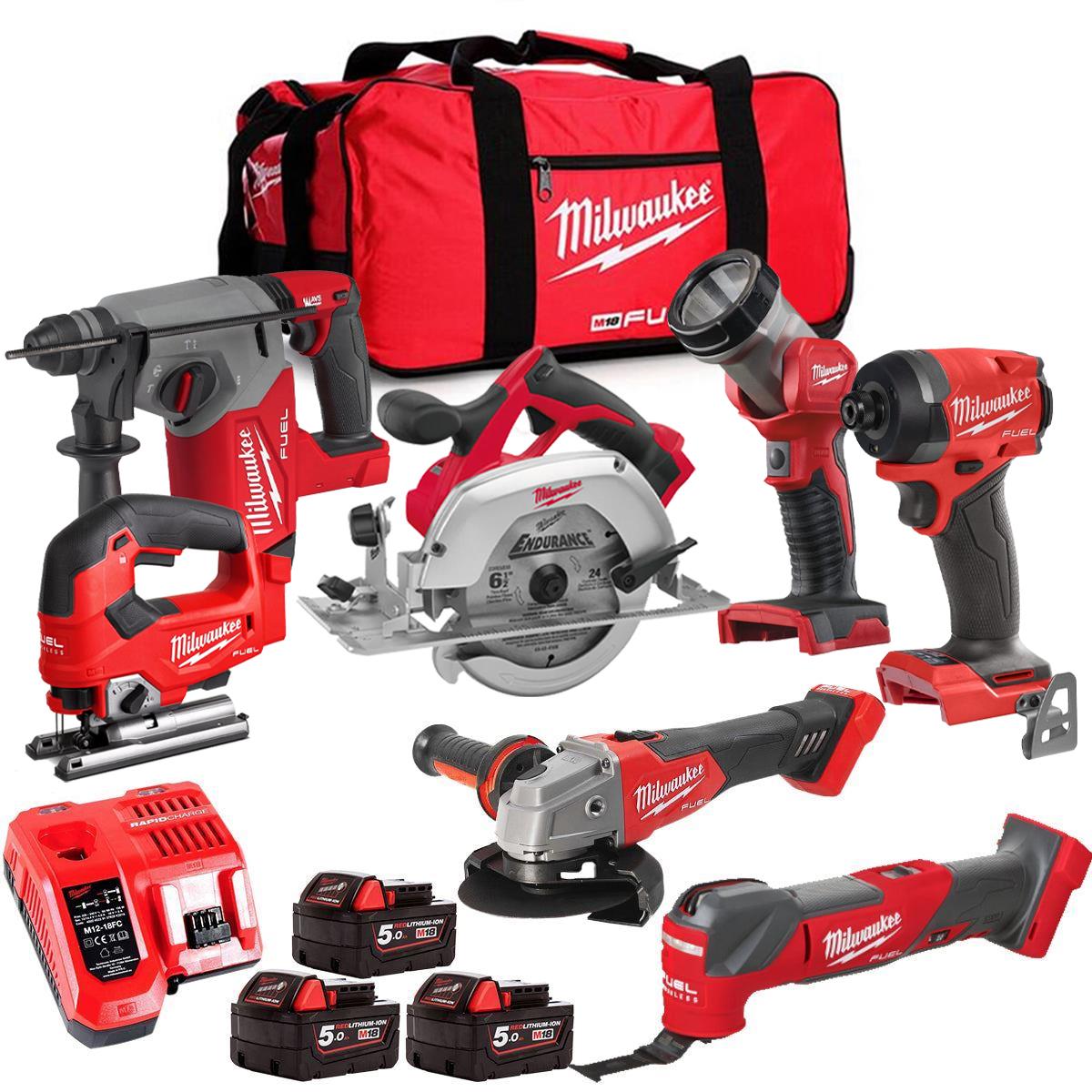 Milwaukee M18FPP6L3-503BK13 18V Brushless 7 Piece Tool Kit with 3 x 5.0Ah Batteries Charger & Wheeled Bag