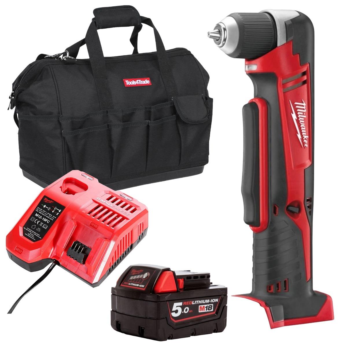 Milwaukee M18C18RAD-0 18V Compact Right Angle Drill with 1 x 5.0Ah Battery, Charger & Bag