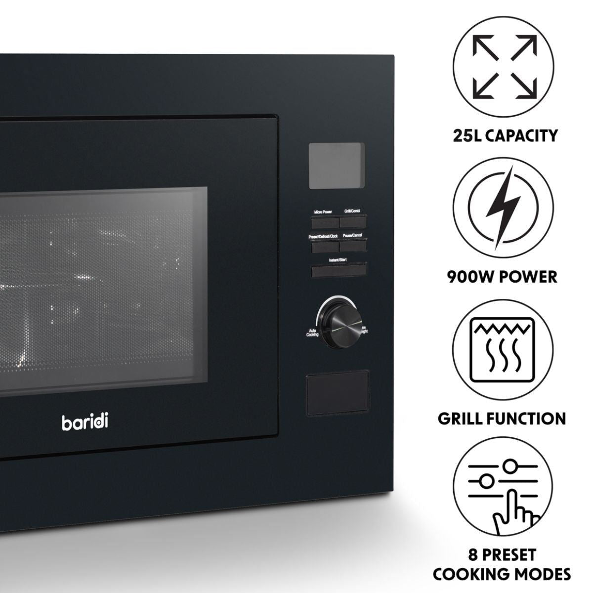 Sealey DH198 Baridi Integrated Microwave Oven with Grill 25L Capacity 900W Black