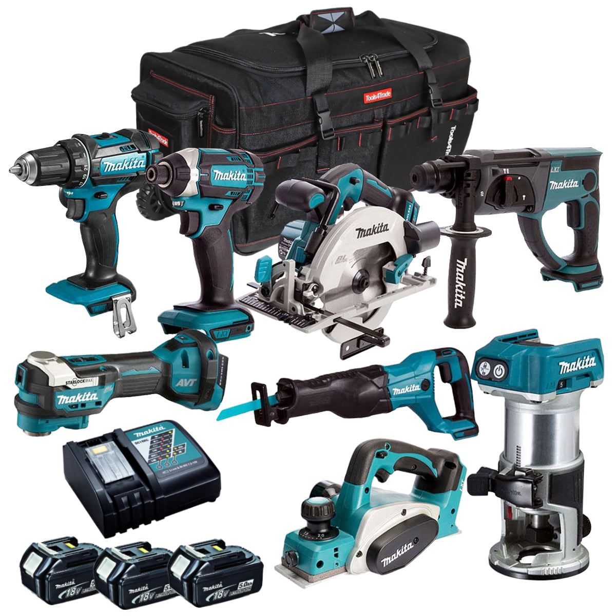 Makita 18V 8 Piece Power Tool Kit with 3 x 5.0Ah Battery Charger & Bag T4TKIT-12996