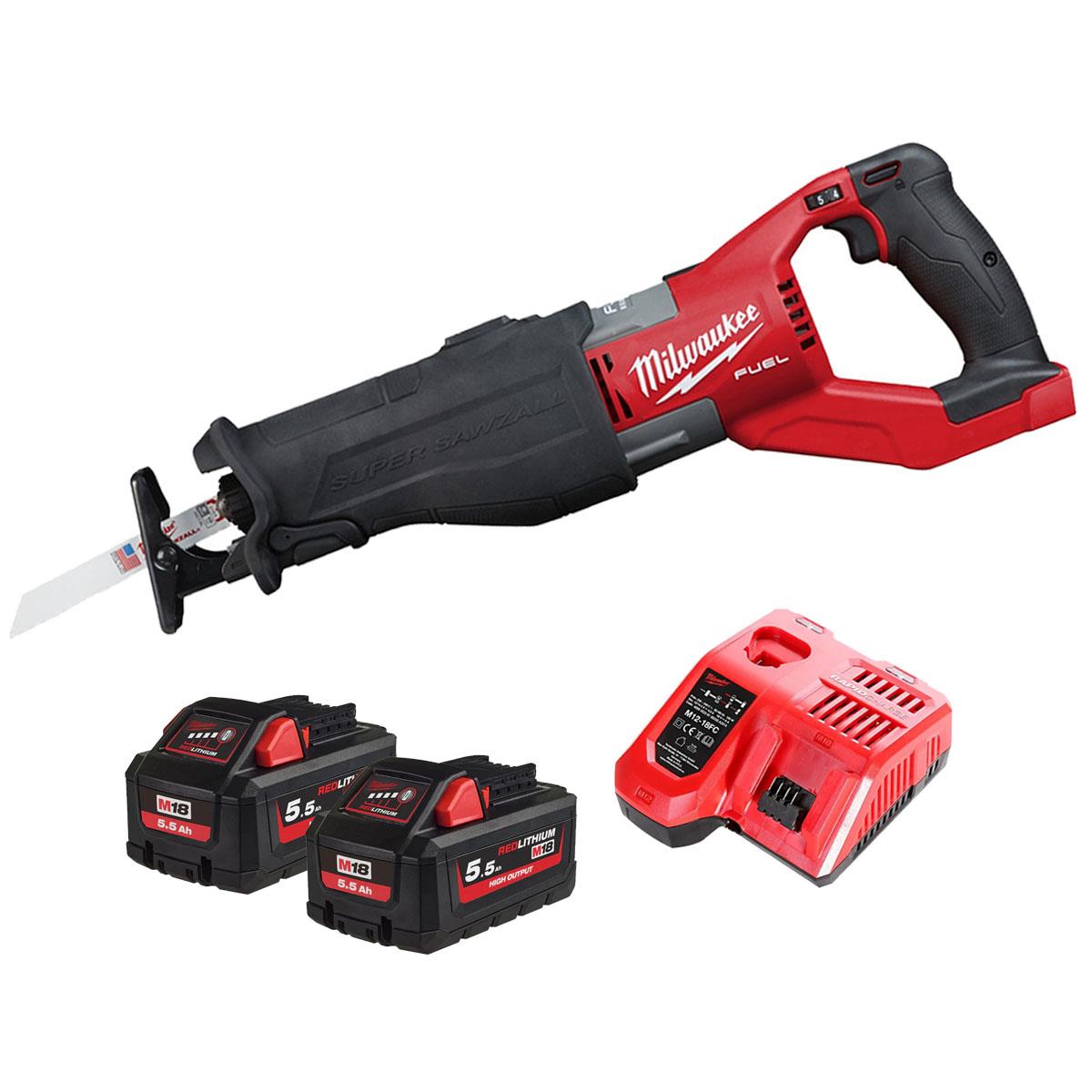 Milwaukee M18FSX-0 18V M18 FUEL Sawzall Reciprocating Saw with 2 x 5.5Ah Batteries & Charger