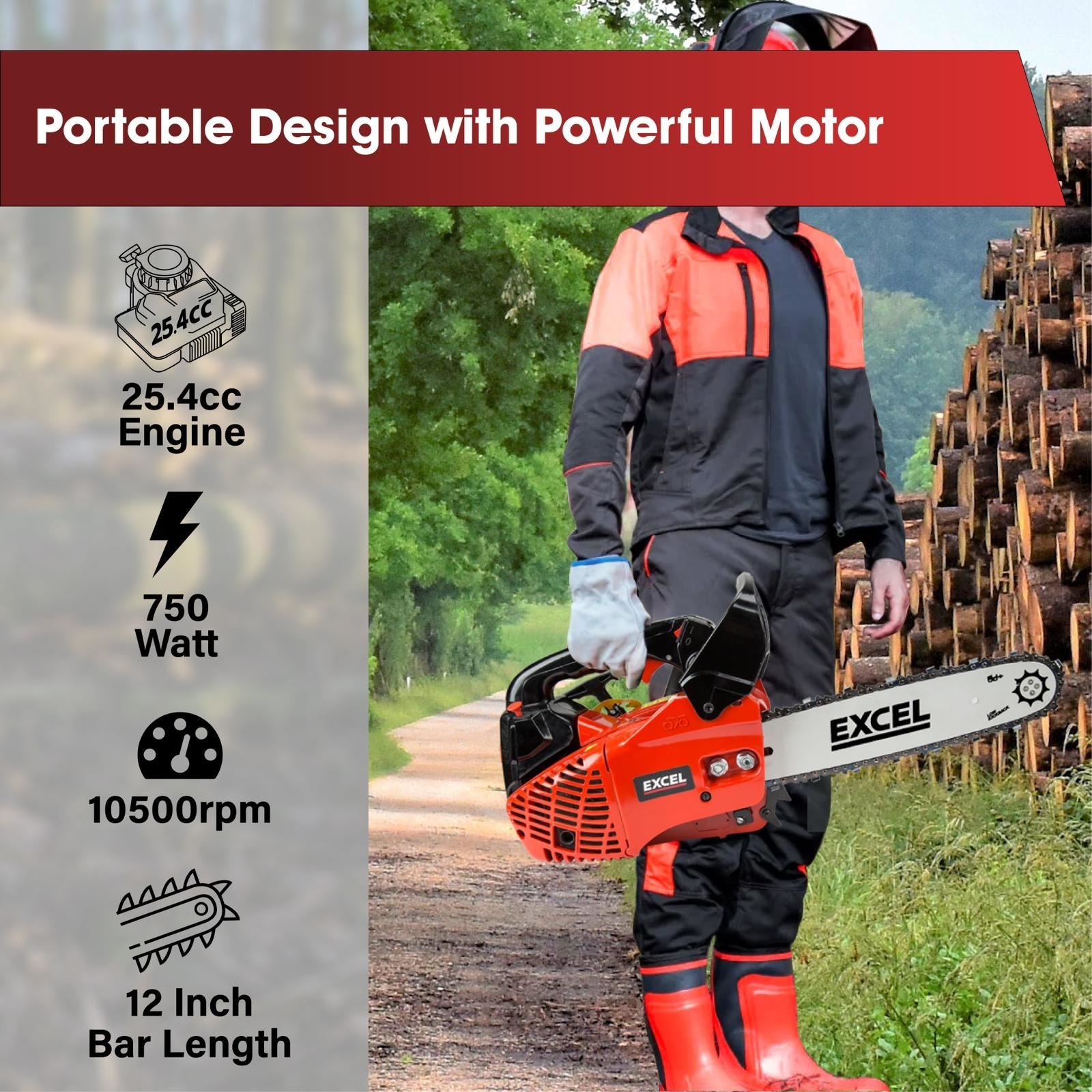 Excel 300mm 25cc Petrol Chainsaw with Engine Oil