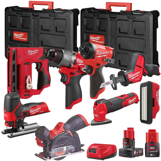 Milwaukee M12FPP7B2-648P 12V Fuel 8 Piece Powerpack Tool Kit with 1 x 6.0Ah & 2.0Ah Batteries, Charger & Case
