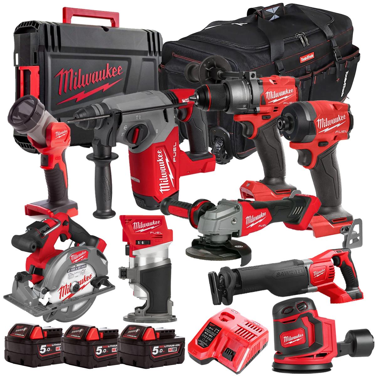 Milwaukee 18V 9 Piece Combo Kit with 3 x 5.0Ah Batteries & Charger M18T4TKIT-4804