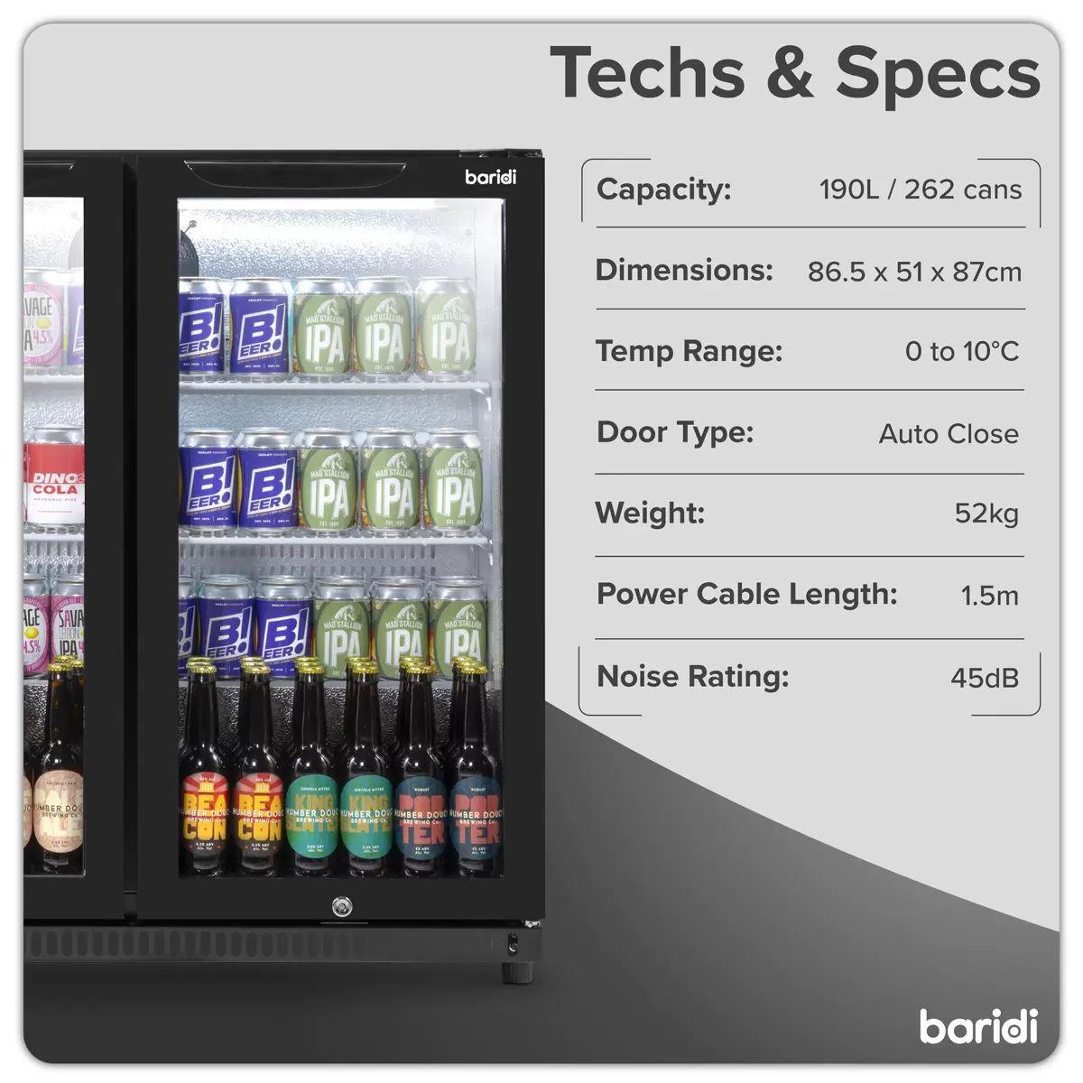 Sealey DH272 Baridi Bar Drinks Fridge/Cooler with Double Hinged Door & Security Lock 190L Black 240V