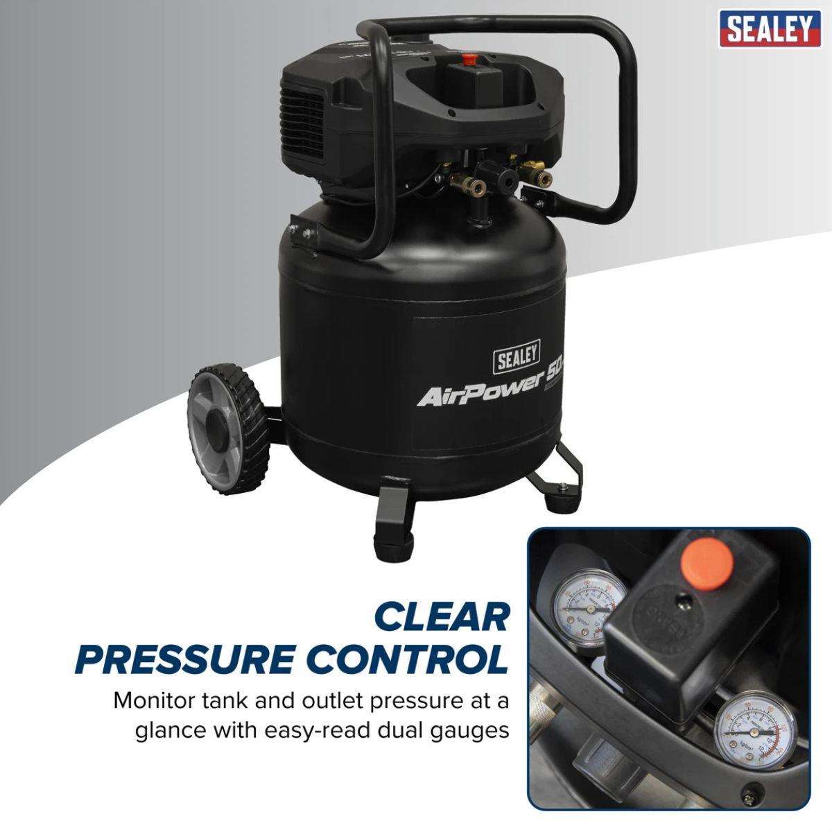 Sealey SAC50V 50L Oil Free Belt Drive Vertical Compressor 2hp & 230V/13A