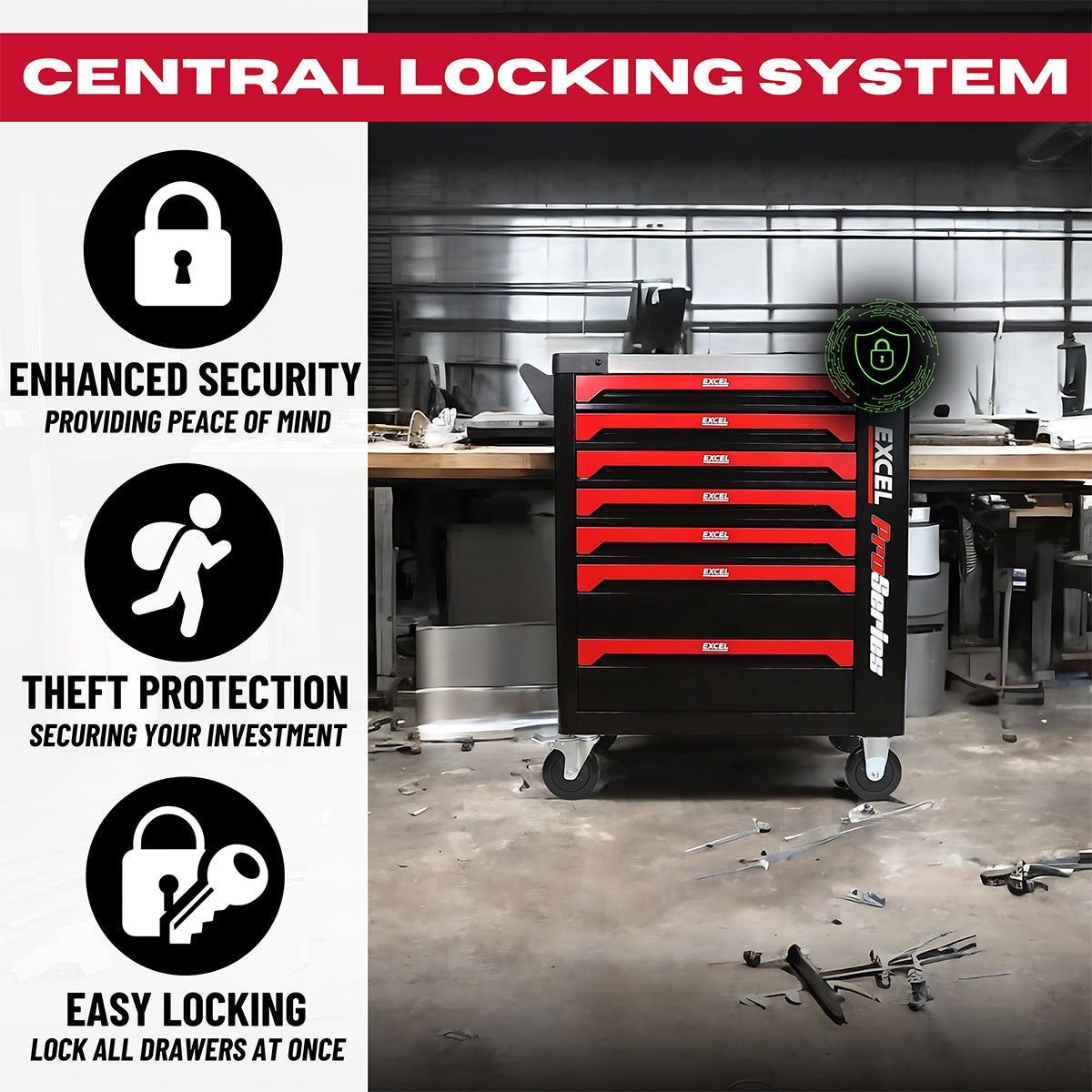 Excel 7 Drawer Tool Chest Storage Roller Cabinet with 249 Piece Tool Set