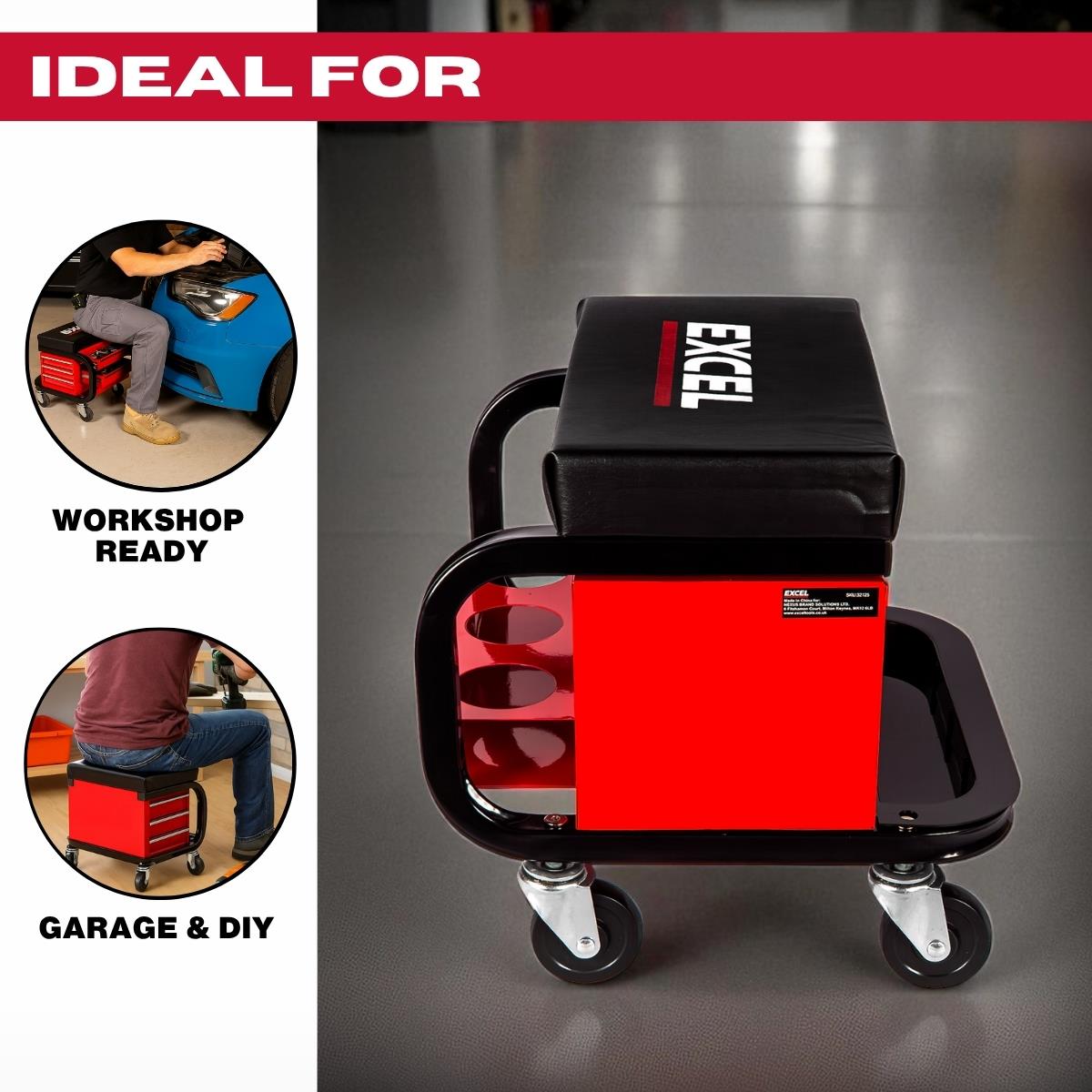 Excel Utility Seat with Toolbox – Padded Rolling Work Stool with 3 Drawers, Can Holders & 150kg Load Capacity