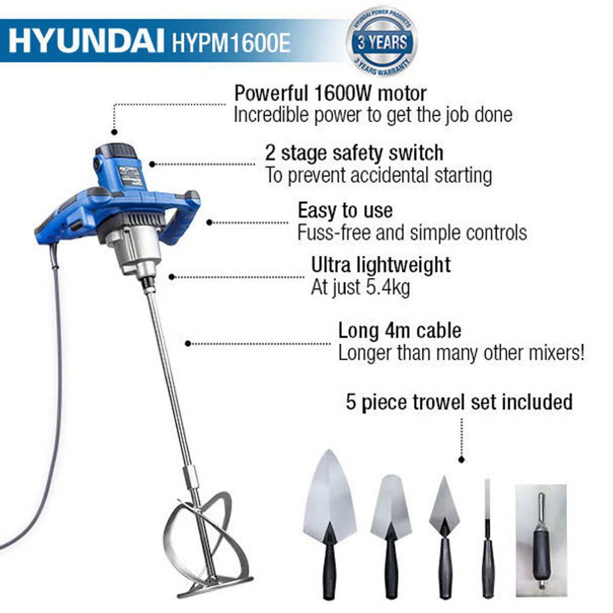 Hyundai HYPM1600E Paddle Mixer with 5-Piece Trowel Set 230V/1600W Mixing Tool for Plaster, Mortar & Paint