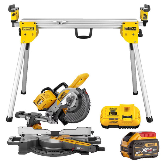 Dewalt DCS727N 54V XR FlexVolt Brushless Slide Mitre Saw with 1 x 9.0Ah Battery Charger & Leg Stand