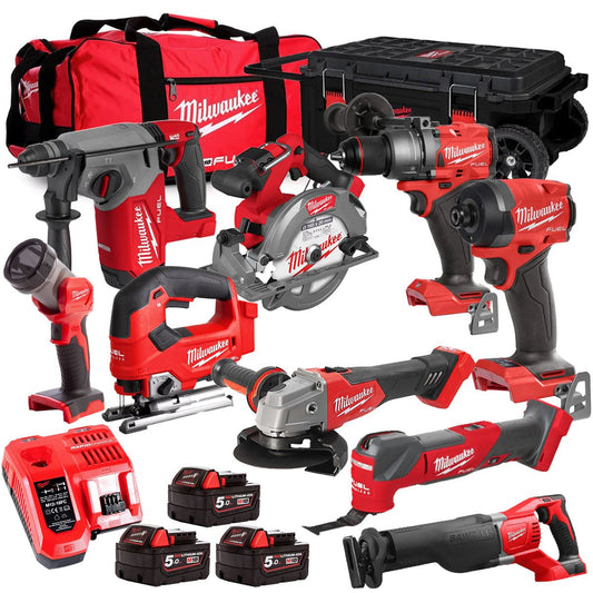 Milwaukee M18FPP6L3-503BK23 18V 9 Piece Tool Kit with 3 x 5.0Ah Batteries Charger & Wheeled Bag