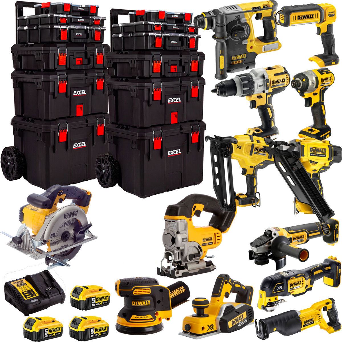 Dewalt 18V 13 Piece Power Tool Kit with 3 x 5.0Ah Batteries & Trolley Toolbox