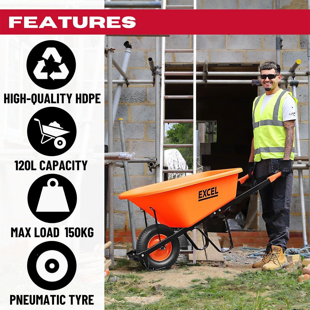 Excel Heavy Duty Orange Wheelbarrow with 120L HDPE Tray