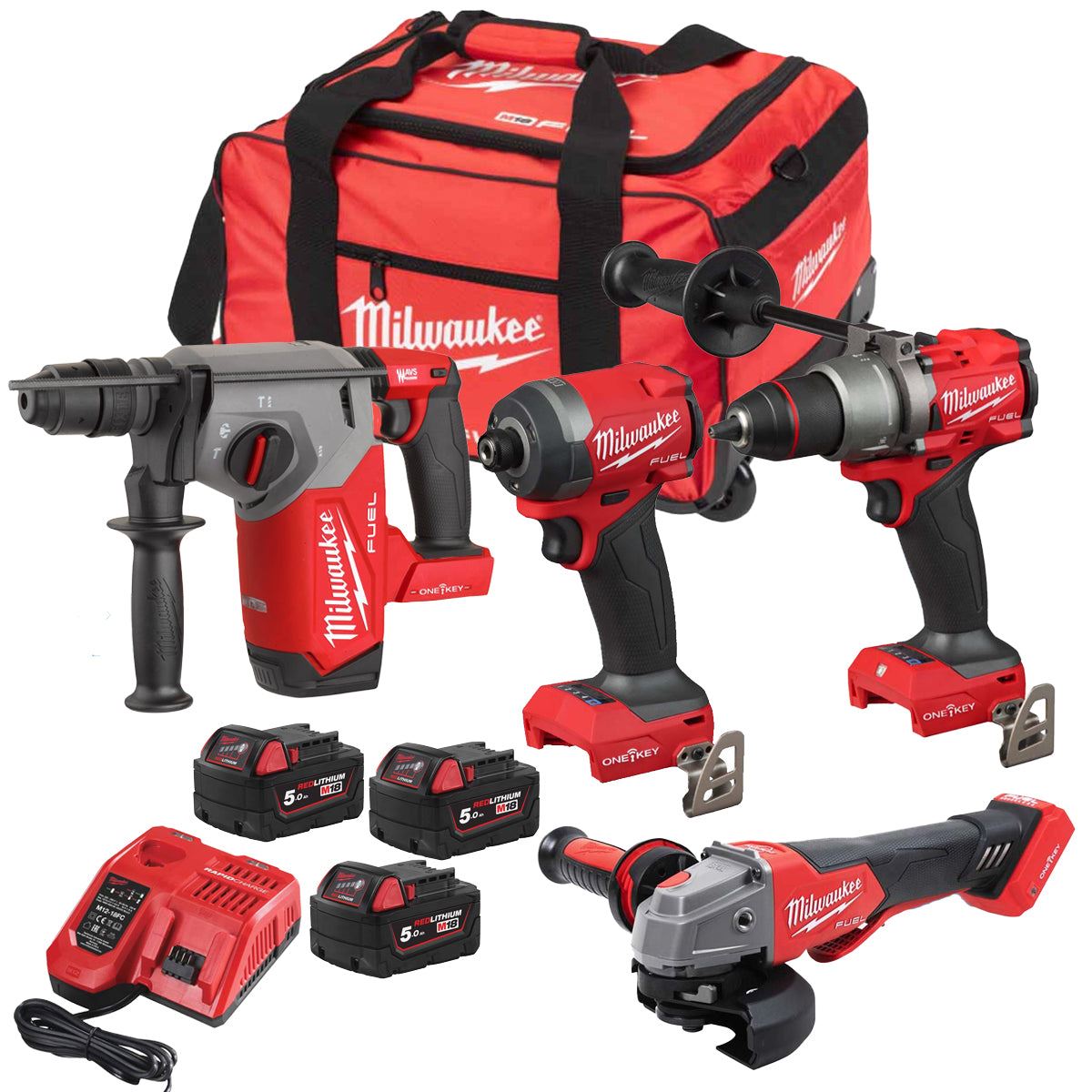 Milwaukee M18ONEPP4A3-503B 18V Fuel One-Key Brushless 4 Piece Tool Kit with 3 x 5.0Ah Battery Charger & Wheeled Bag 4933499430