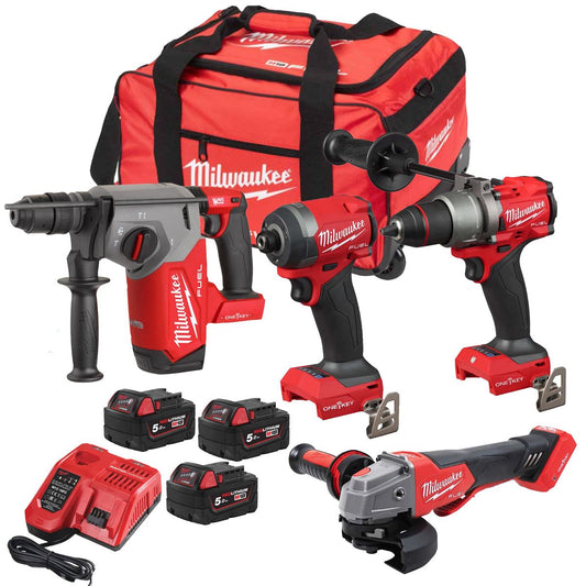 Milwaukee M18ONEPP4A3-503B 18V Fuel One-Key Brushless 4 Piece Tool Kit with 3 x 5.0Ah Battery Charger & Wheeled Bag 4933499430