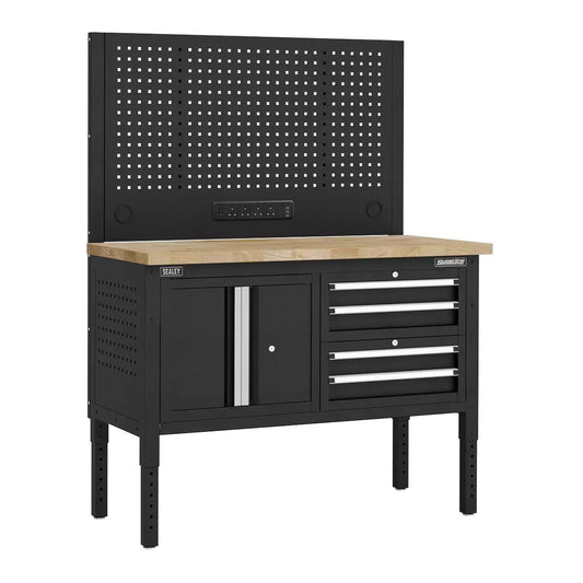 Sealey APMWB50COMBO1W Superline PRO Modular Workbench with 4 Drawers & Cupboard Wooden Worktop 1265mm