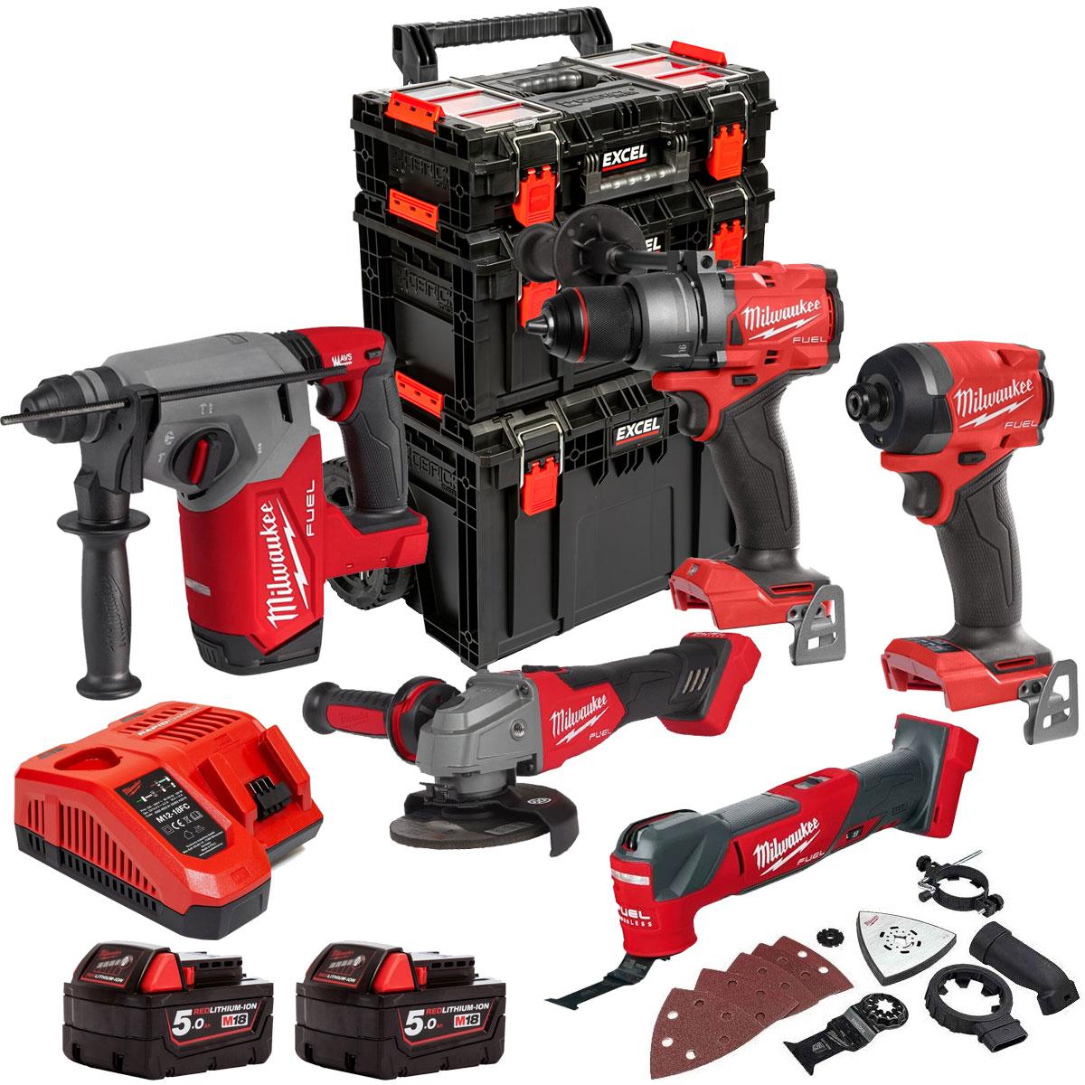 Milwaukee M18FPP4T3-552EB 18V Brushless 5 Piece Tool Kit with 2 x 5.0Ah Battery, Charger & Modular Tool Box 3 Piece Set