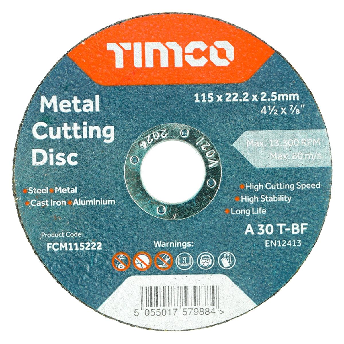 Timco 115mm x 2.5mm Bonded Abrasive Metal Cutting Disc Pack of 25 - 25FCM115222