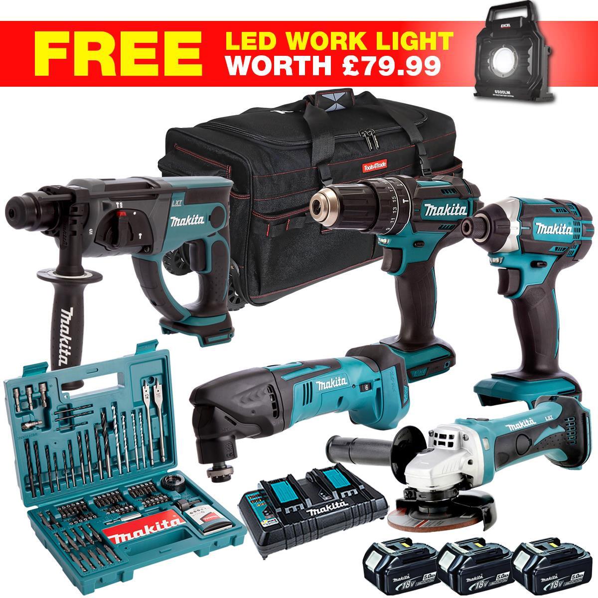 Makita 18V 6 Piece Combo Kit with 3 x 5.0Ah Batteries Charger & 100 Accessory Set T4TKIT-27805