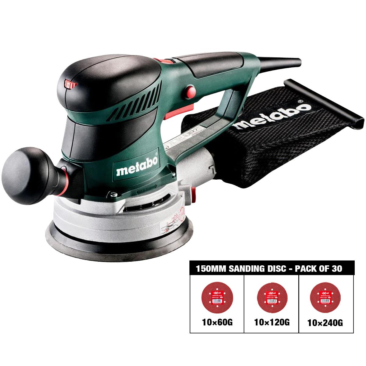 Metabo SXE 450 TurboTec 150mm Random Orbital Sander 240V 600129380 with Sanding Disc 60G, 120G, 240G Pack of 30