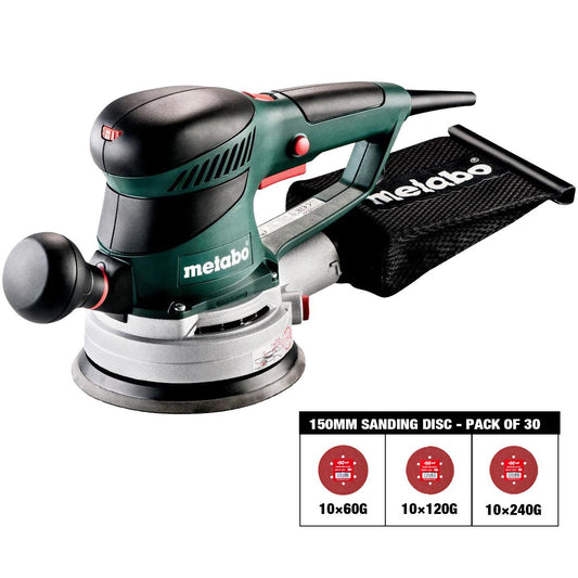 Metabo SXE 450 TurboTec 150mm Random Orbital Sander 240V 600129380 with Sanding Disc 60G, 120G, 240G Pack of 30