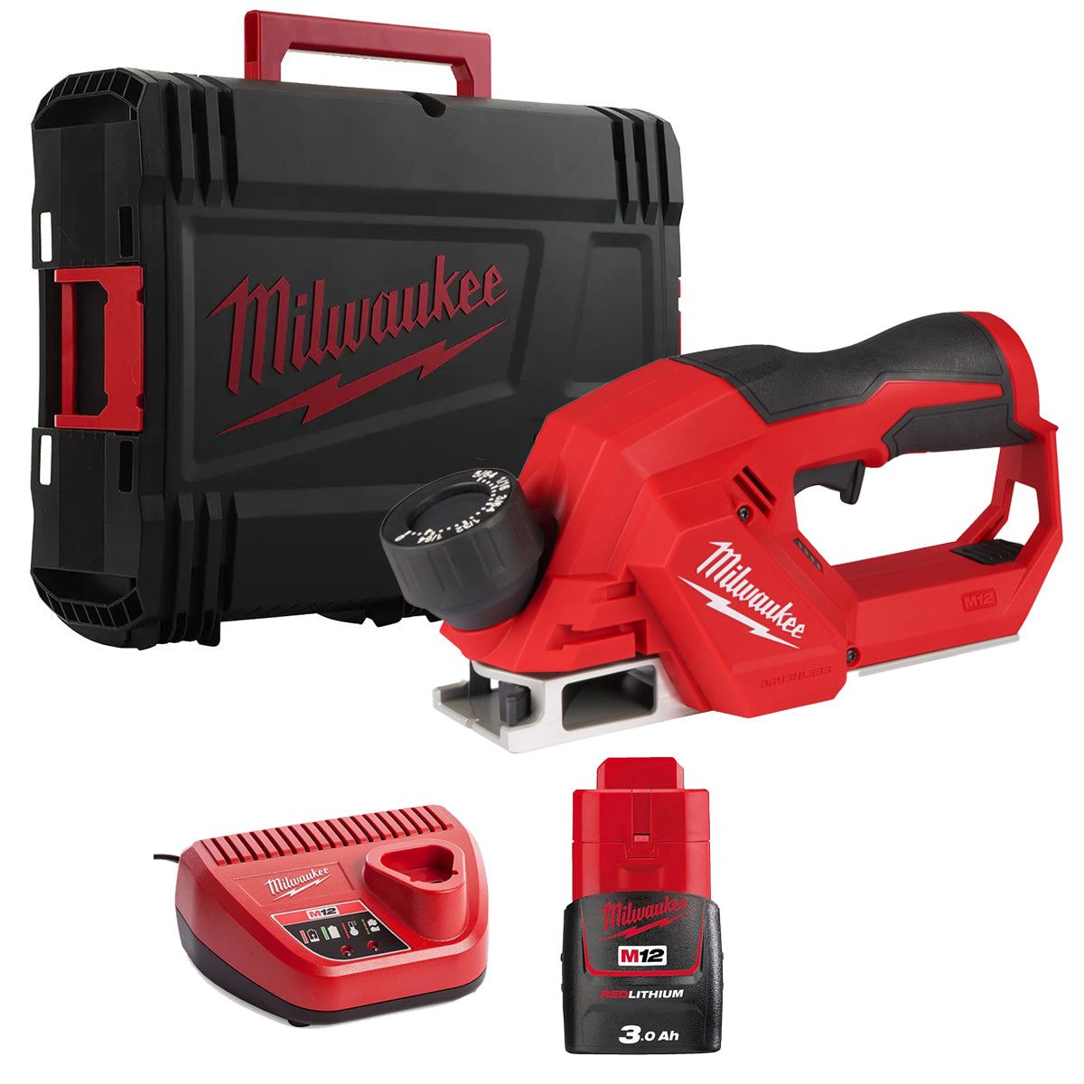 Milwaukee M12BLP-0X 12V Brushless 56mm Planer with 1 x 3.0Ah Battery Charger & Case