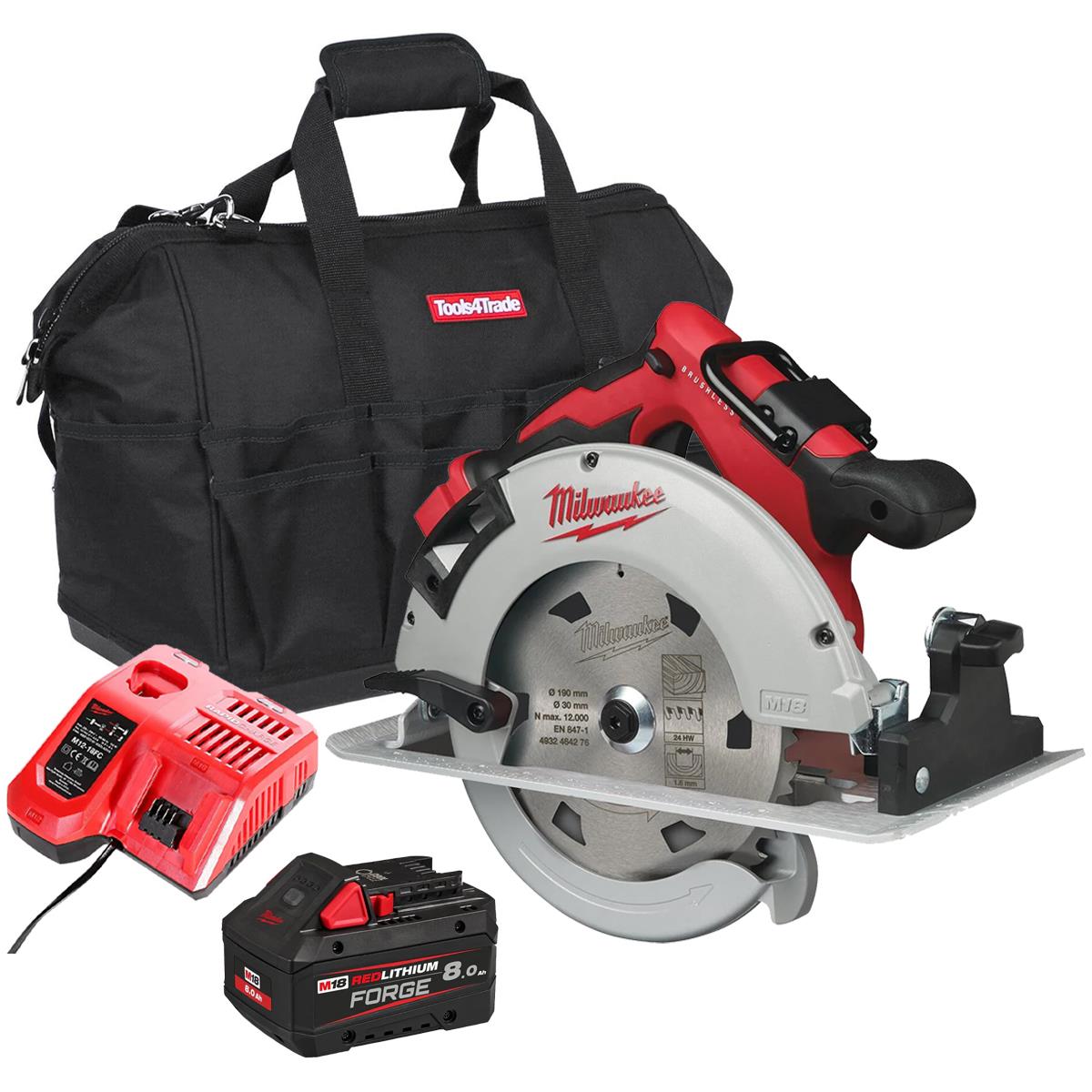 Milwaukee M18BLCS66-0 18V Brushless 190mm Circular Saw with 1 x 8.0Ah Battery Charger & Bag