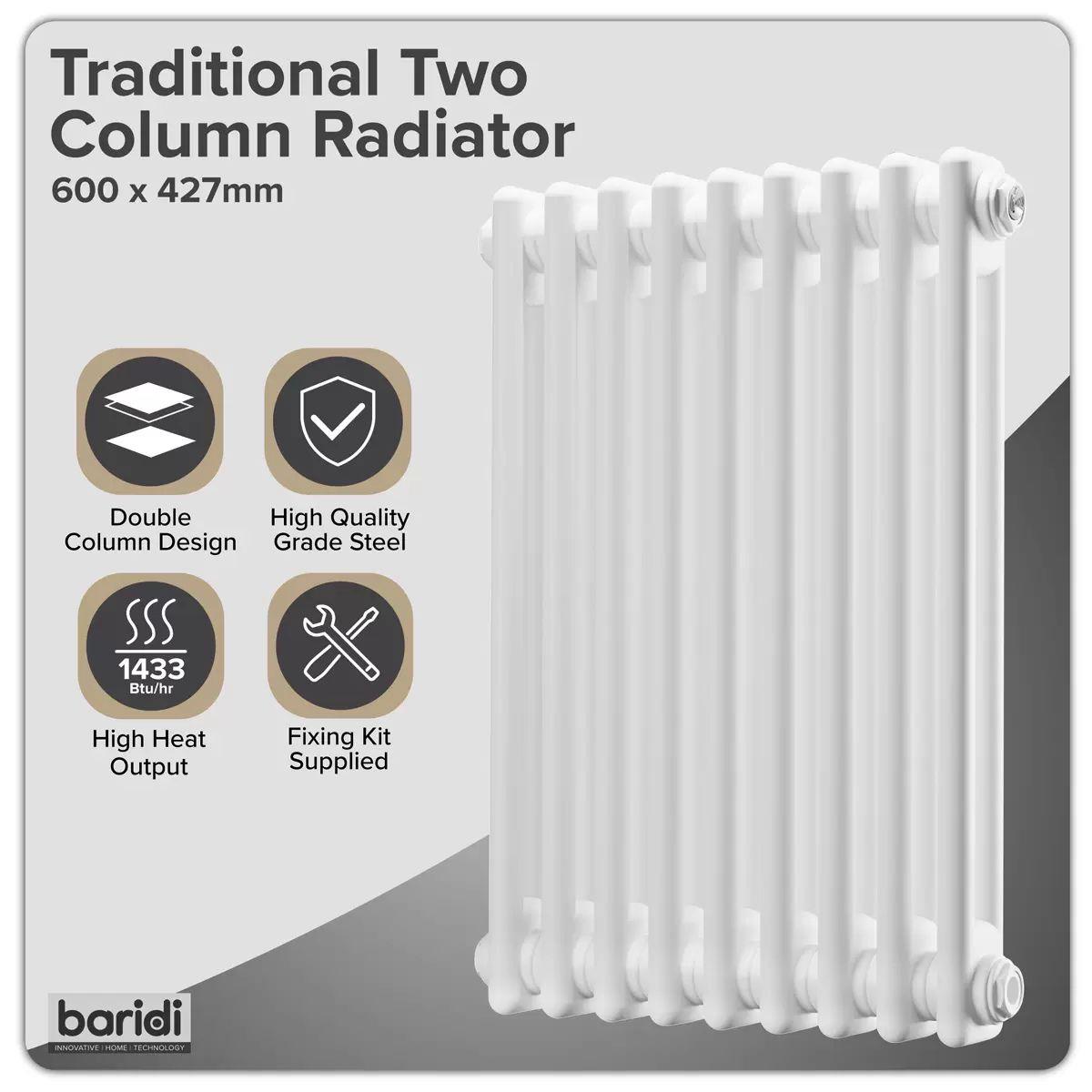 Sealey DH366 Baridi Horizontal Traditional 2 Column Radiator 600 x 427mm White