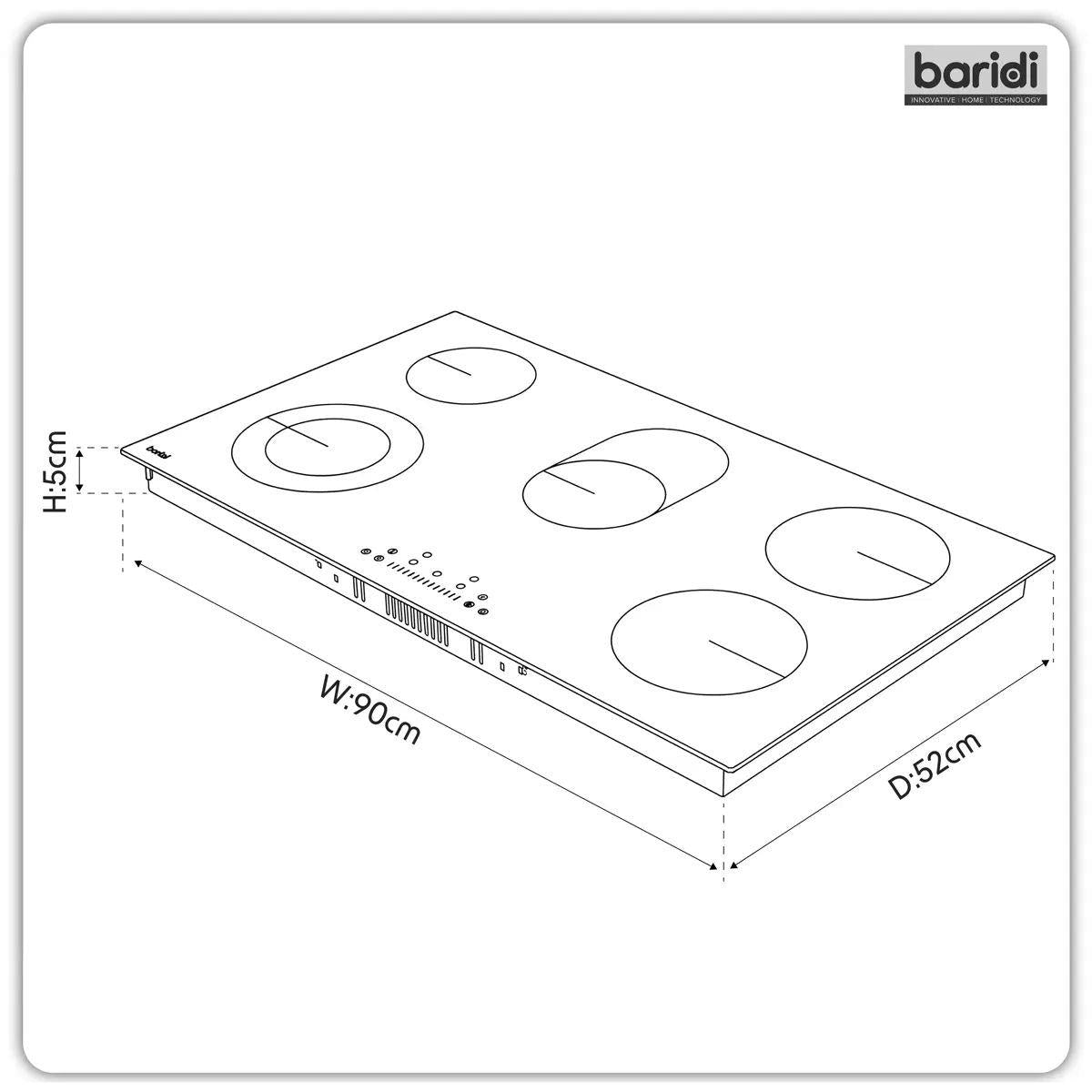 Sealey DH389 Baridi Integrated Ceramic Hob with 5 Cooking Zones 90cm Black Glass