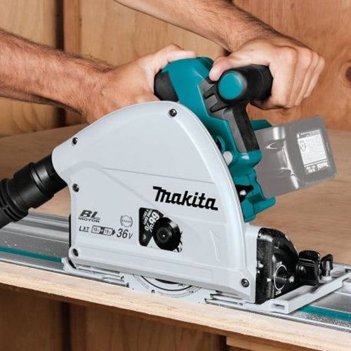 Makita DSP601ZJU 36V Brushless AWS Plunge Saw Body Only with 2 x Guide Rail, Connector & Clamp Set