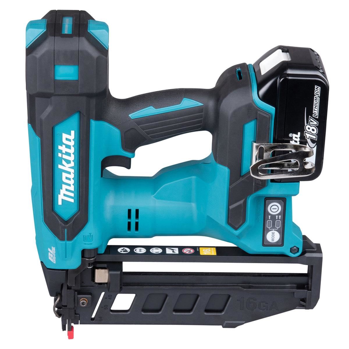 Makita DBN601RTJ 18V LXT 16G Brushless Finishing Nailer With 2 x 5.0Ah Battery, Charger & Case