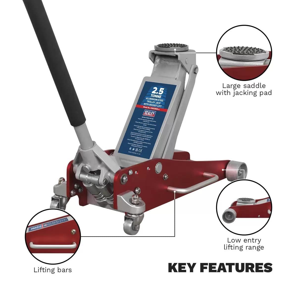Sealey RJAS2500 Trolley Jack 2.5 Tonne Ton Aluminium Steel Rocket Lift Car Van