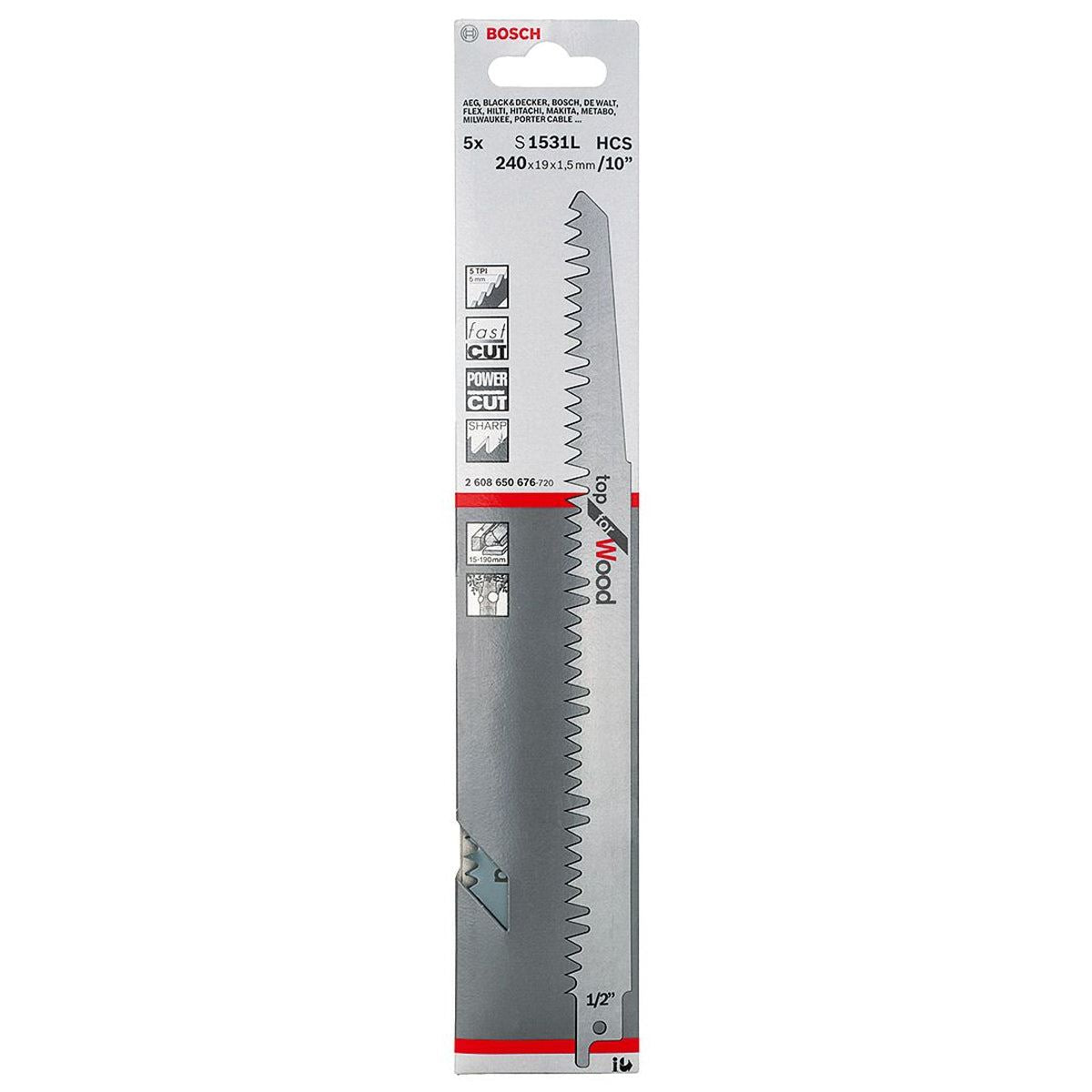 Bosch S1531L Reciprocating Saw Blades For Wood Sharp & Fast Cut Pack of 5 - 2608650676