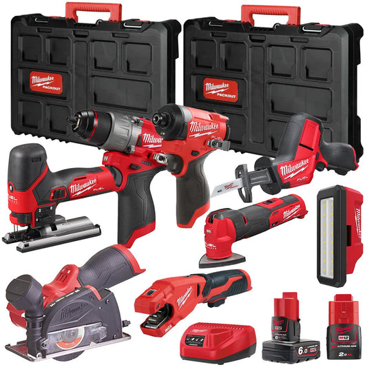 Milwaukee M12FPP7B2-634P 12V Fuel 8 Piece Powerpack Tool Kit with 1 x 6.0Ah & 2.0Ah Batteries, Charger & Case