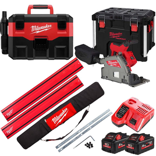 Milwaukee M18FPS55-0P 18V 165mm Fuel Brushless Plunge Saw with 2 x 5.5Ah Battery, Guide Rail Kit & M18VC2-0 Wet and Dry Vacuum Cleaner