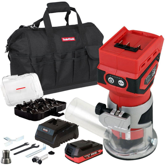 Excel 18V 1/4" Router Trimmer with 1 x 2.0Ah Battery Fast Charger, Bag & 12 Piece Cutter Set