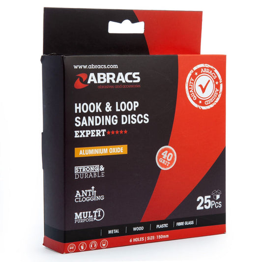 Abracs 150mm 6 Holes Hook & Loop Sanding Discs 40G Pack of 25 ABHL8150040