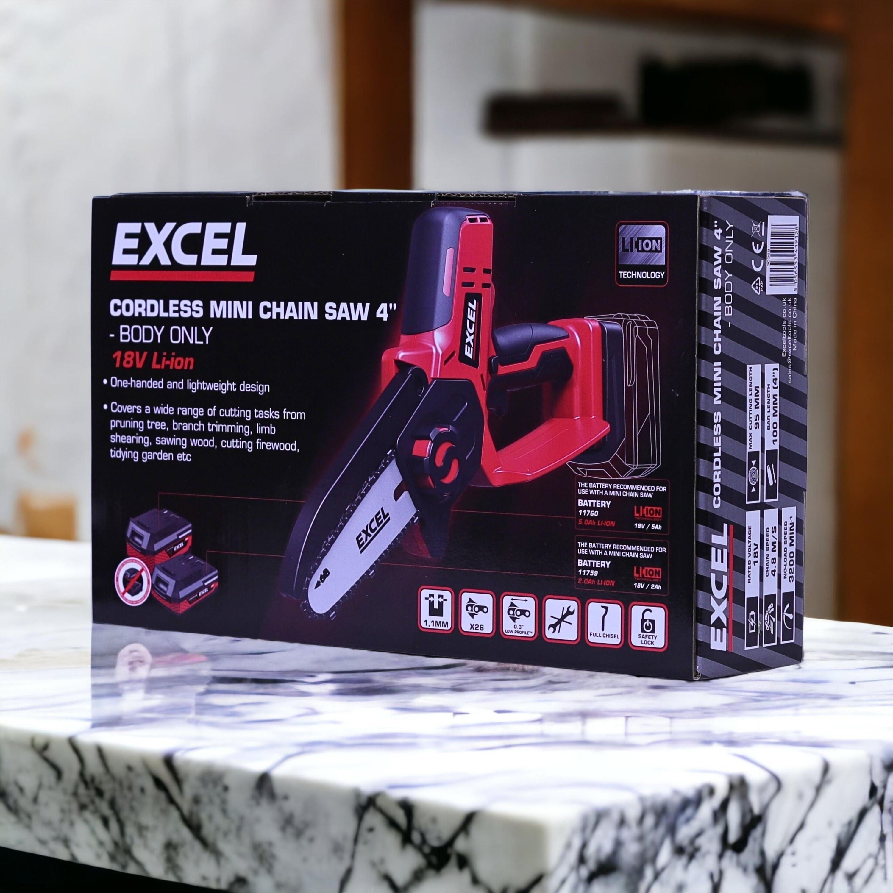 Excel 18V Cordless Mini Chain Saw with 1 x 2.0Ah Battery Charger & Bag