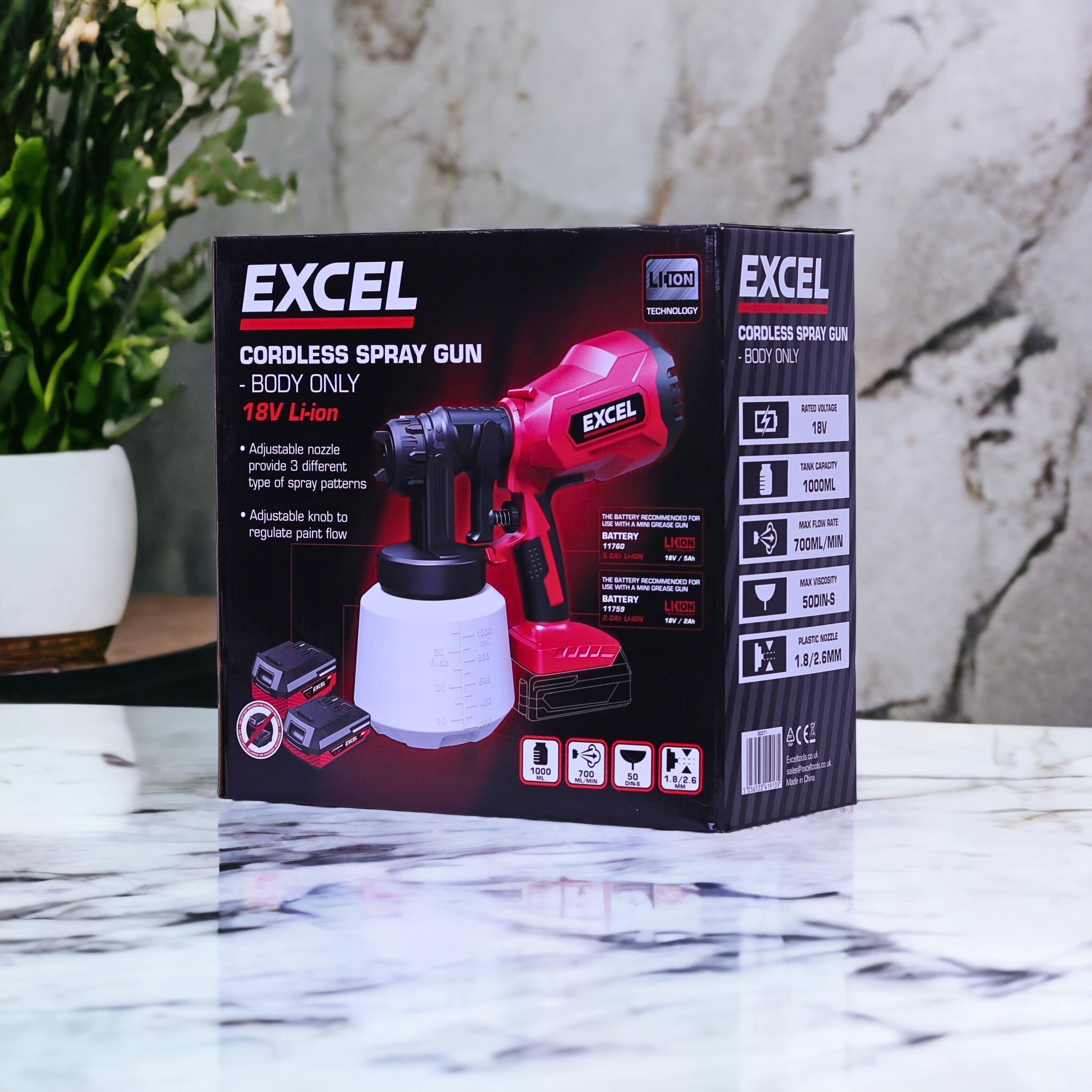 Excel 18V Cordless 1000ml Spray Gun with 1 x 2.0Ah Battery & Charger