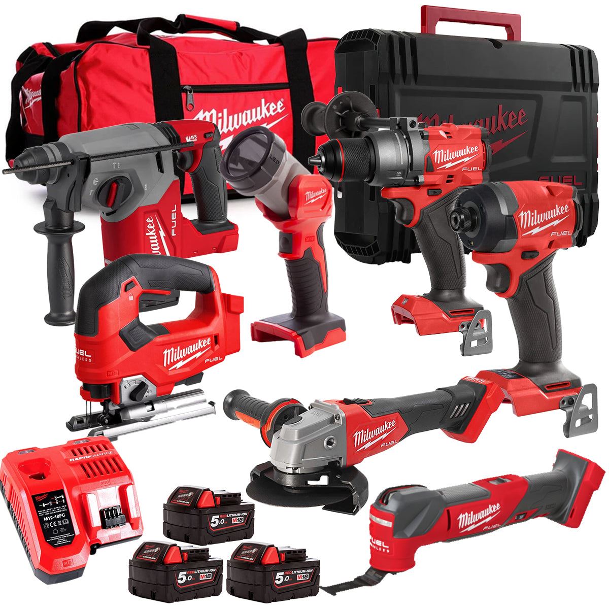Milwaukee M18FPP6L3-503BK2 18V Brushless 7 Piece Tool Kit with 3 x 5.0Ah Batteries Charger & Wheeled Bag