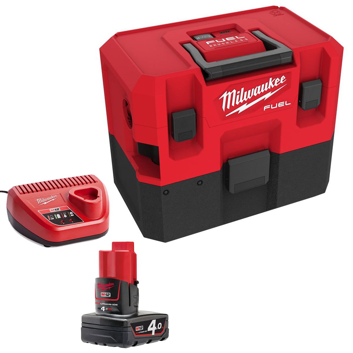 Milwaukee M12FVCL-0 12V Brushless FUEL Wet & Dry Vacuum with 1 x 4.0Ah Battery & Charger