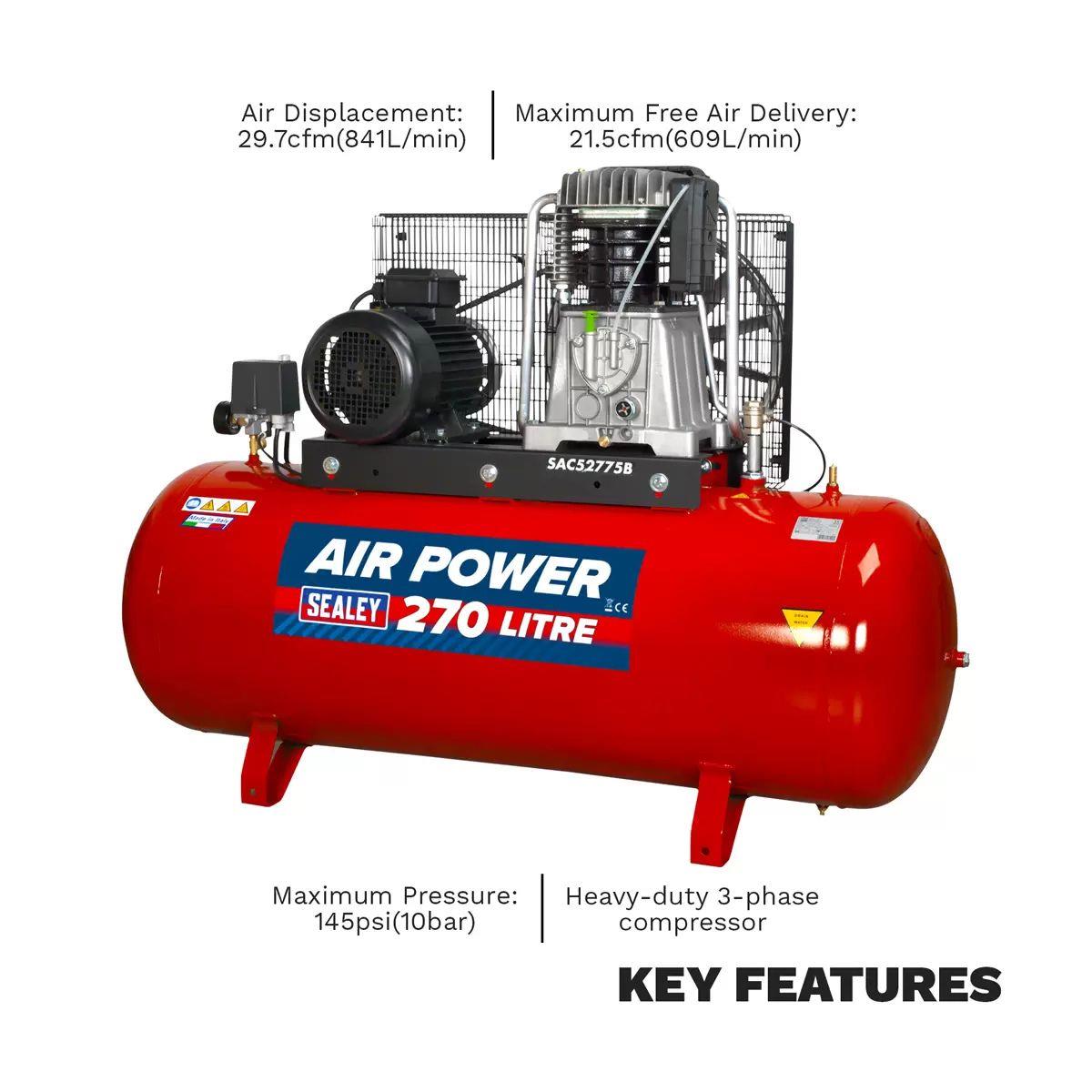 Sealey SAC52775B 270L Belt Drive Air Compressor with Cast Cylinders 415V
