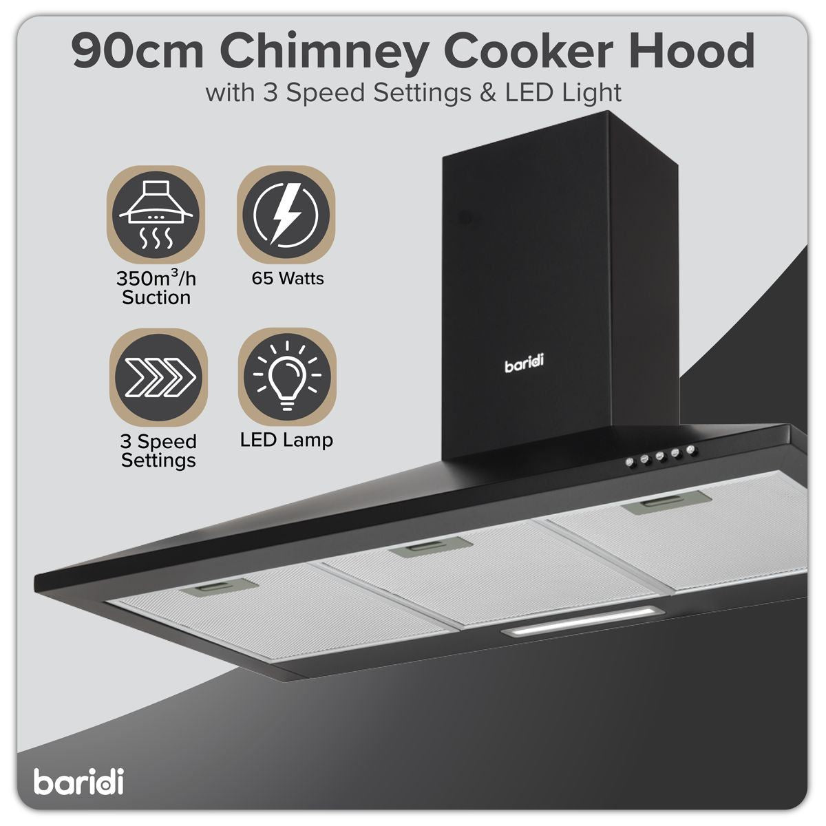 Sealey DH59 Baridi Chimney Style Cooker Hood with Carbon Filters 90cm Black