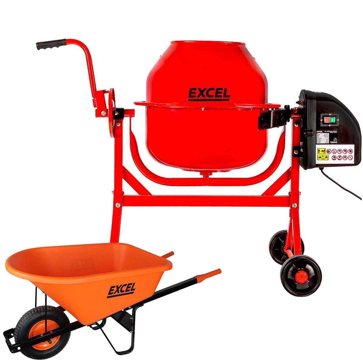 Excel 70L Portable Cement Concrete Mixer 240V/220W with Wheels & 120L Wheelbarrow Orange HDPE Tray