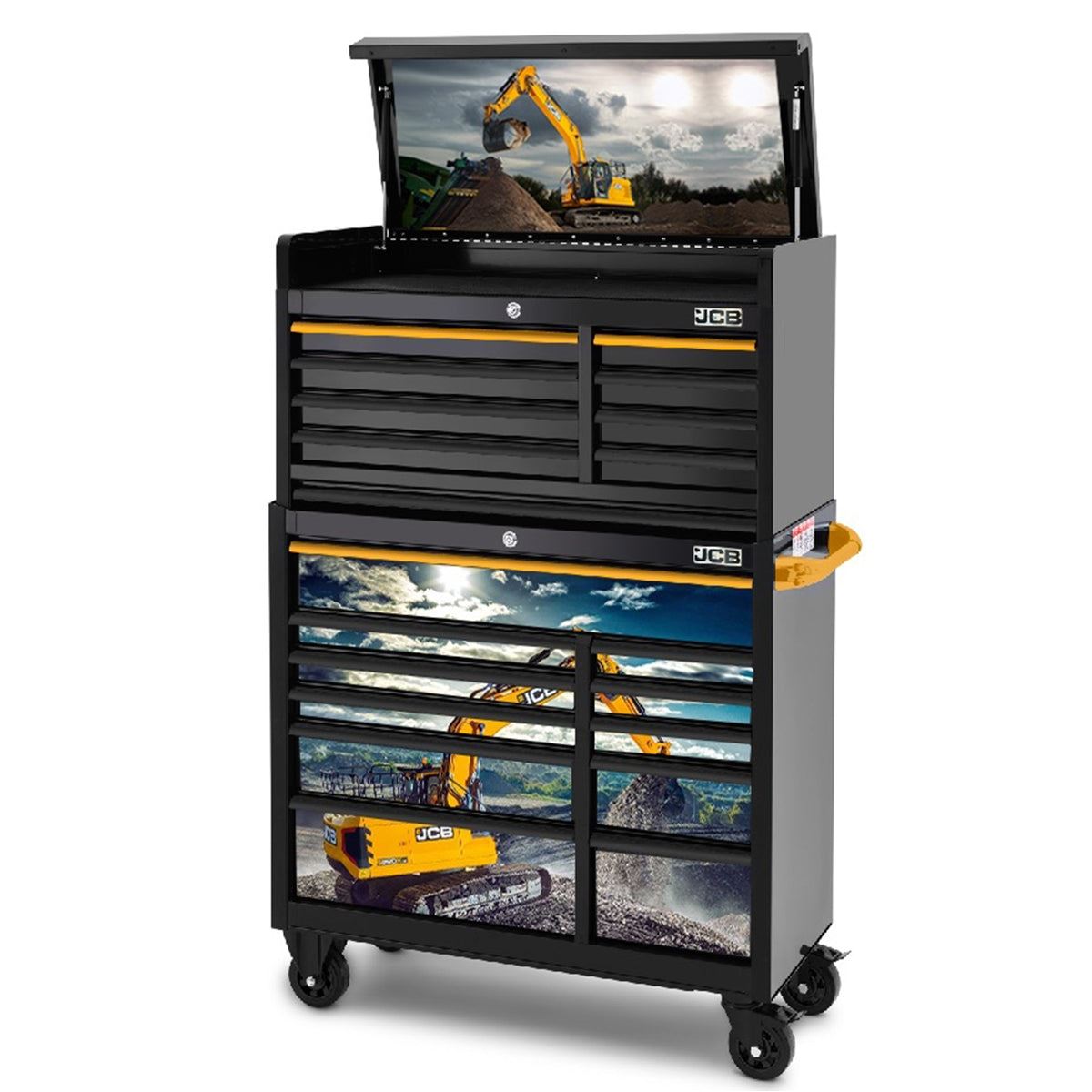 JCB 42’’ Roller Cabinet and Top Tool Chest Stack 19 Drawer with Excavator Wrap JCBEXCSTACK
