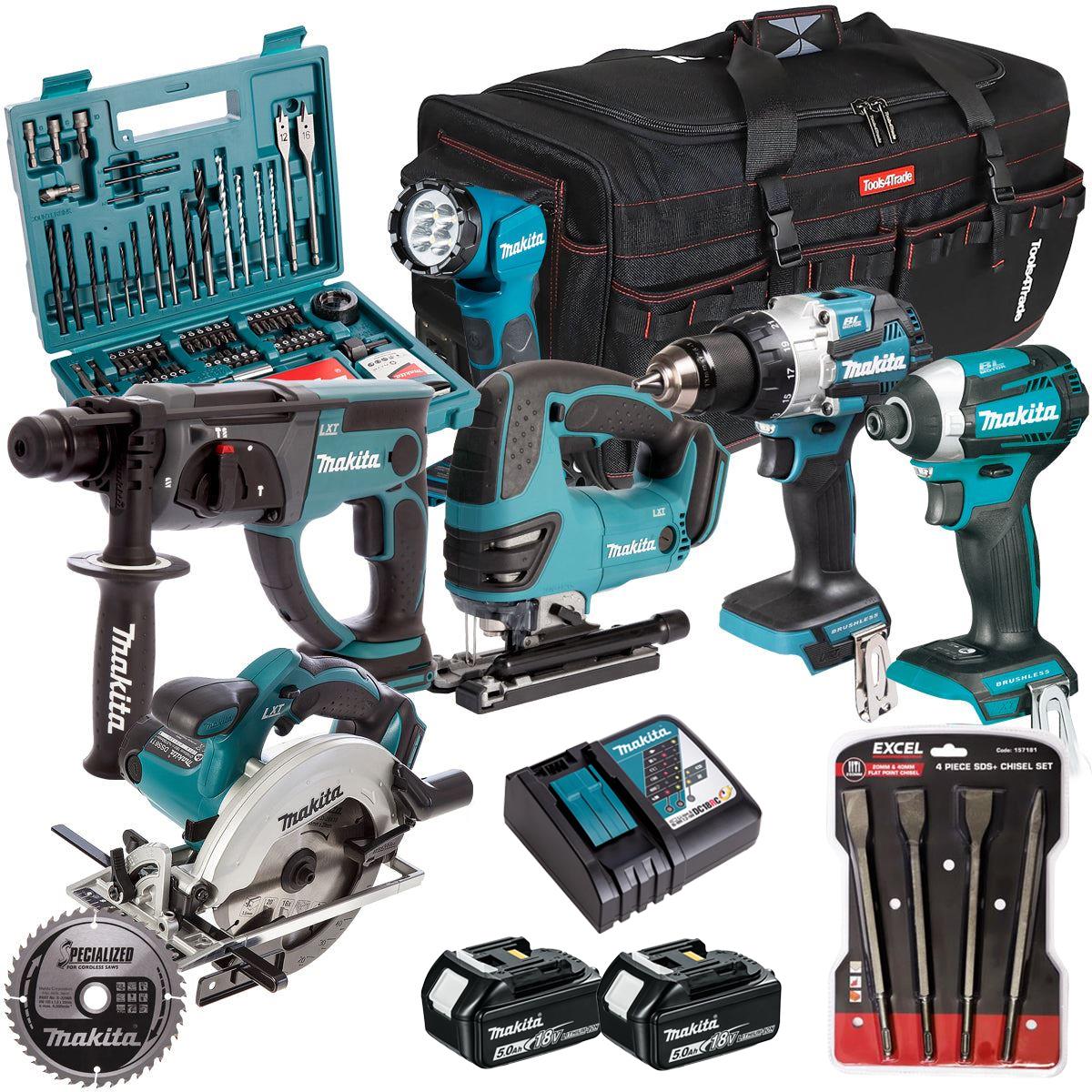 Makita 18V 6 Piece Combo Kit with 2 x 5.0Ah Battery Charger & Accessories Set T4TKIT-17234